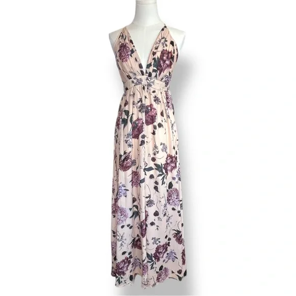 4/$20 SHEIN VCAY Apricot Floral Plunging Neck Crisscross Backless Maxi Dress Lrg - Picture 2 of 6